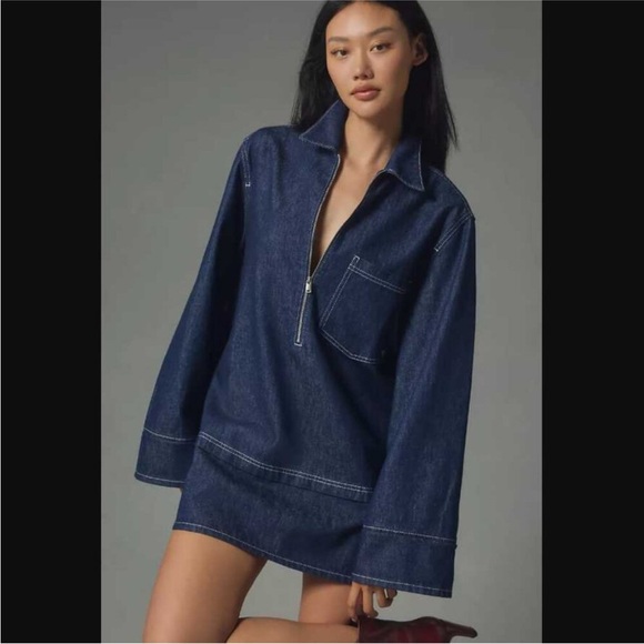 Anthropologie Dresses & Skirts - Anthropologie Dark Wash Denim Mini Shift Dress – Long Sleeve, NWT Size M